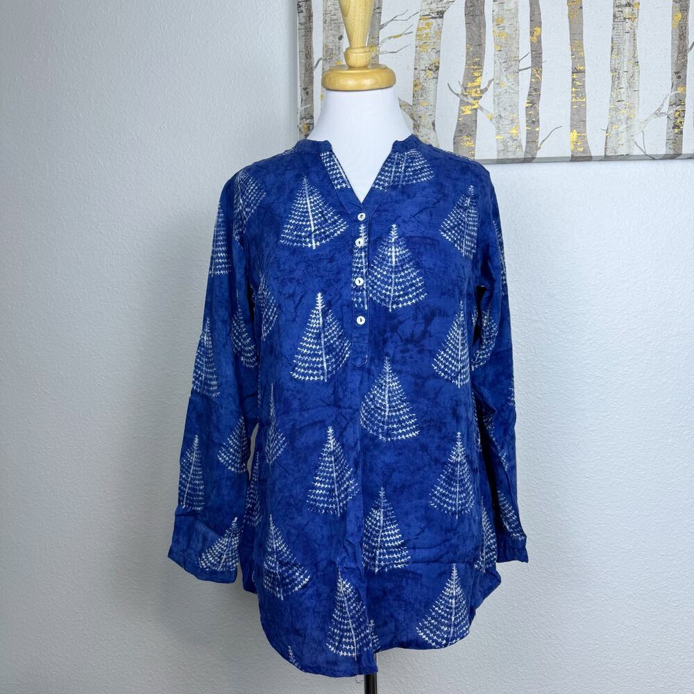UTSA Batik Leaf Print Popover Top Blouse Blue White Medium